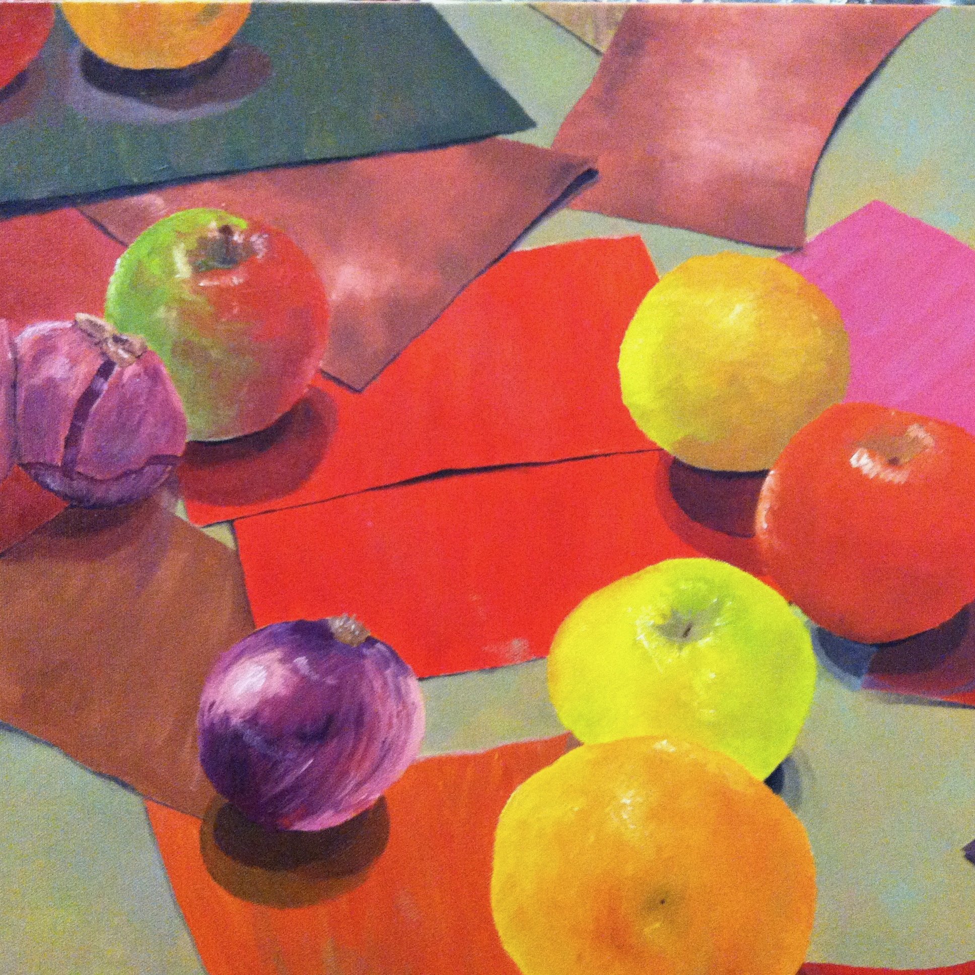 An oil painting of apples, onions and colored paper on a table.