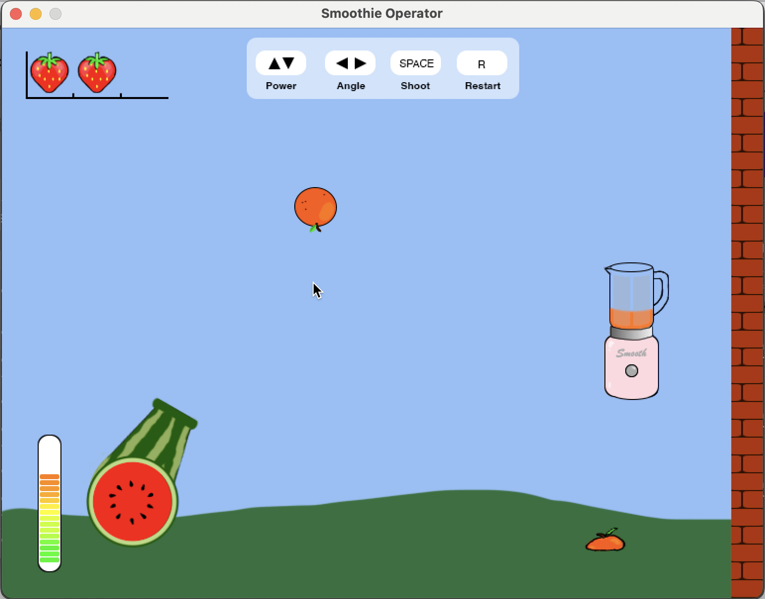 A screenshot of a brightly-colored video game with a watermelon cannon shooting an orange at a floating blender.