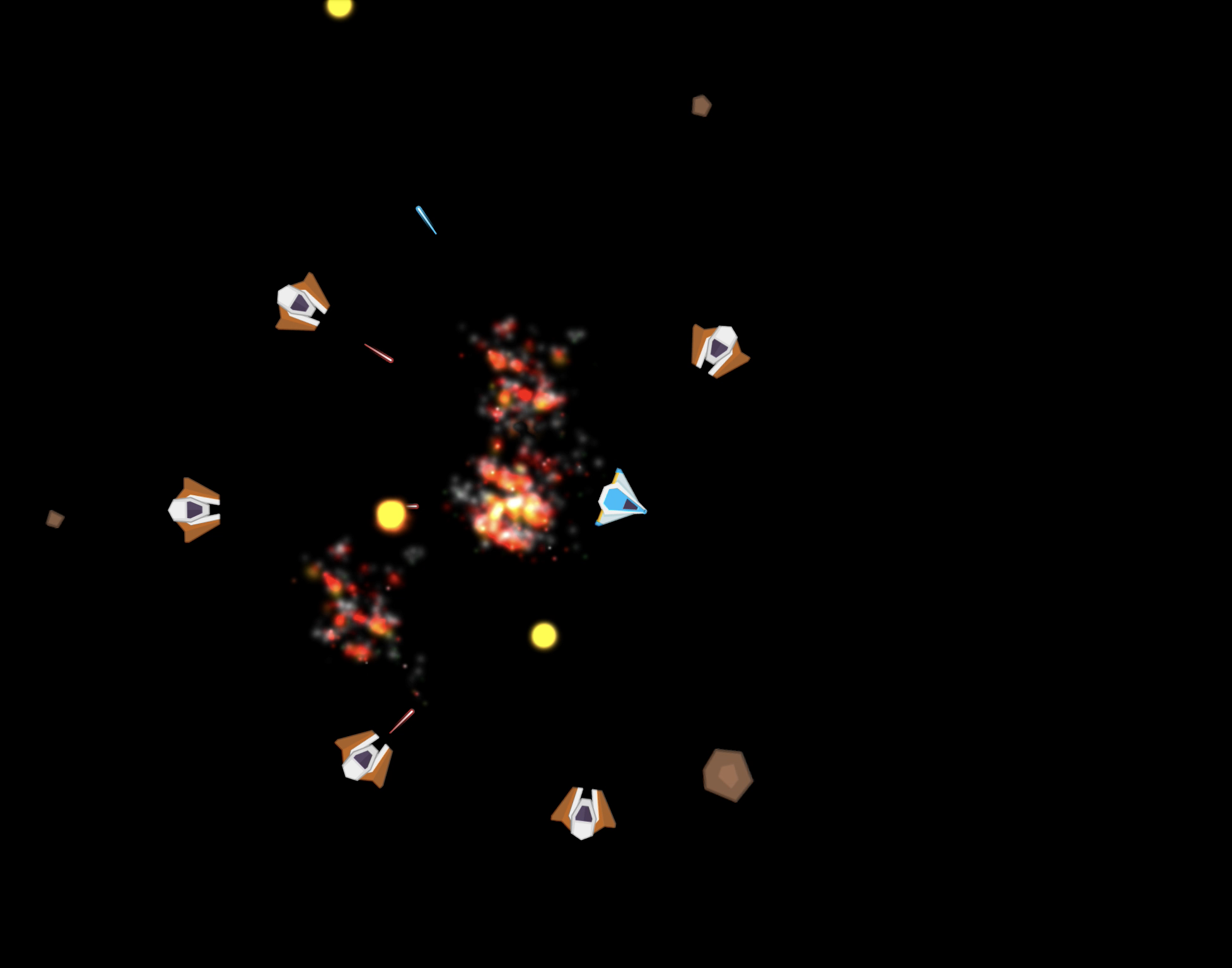 A video game still of a blue player spaceship surrounded by orange enemy ships, meteors and explosions.